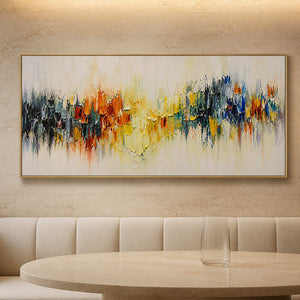 Vivid textured abstract canvas in a boutique hotel lounge.