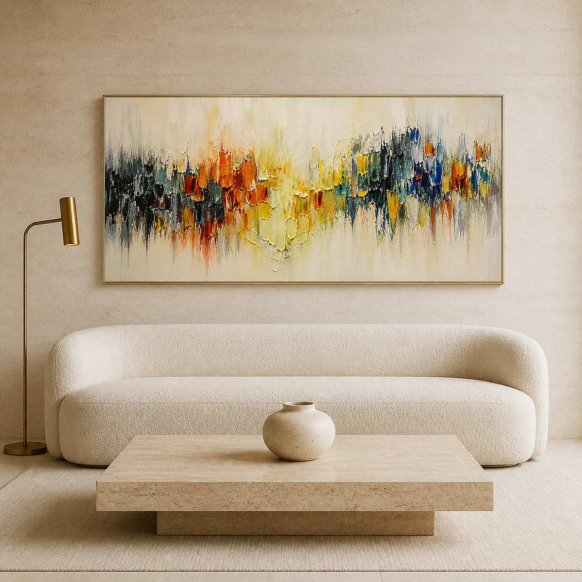Colorful textured abstract wall art in a warm modern living room.