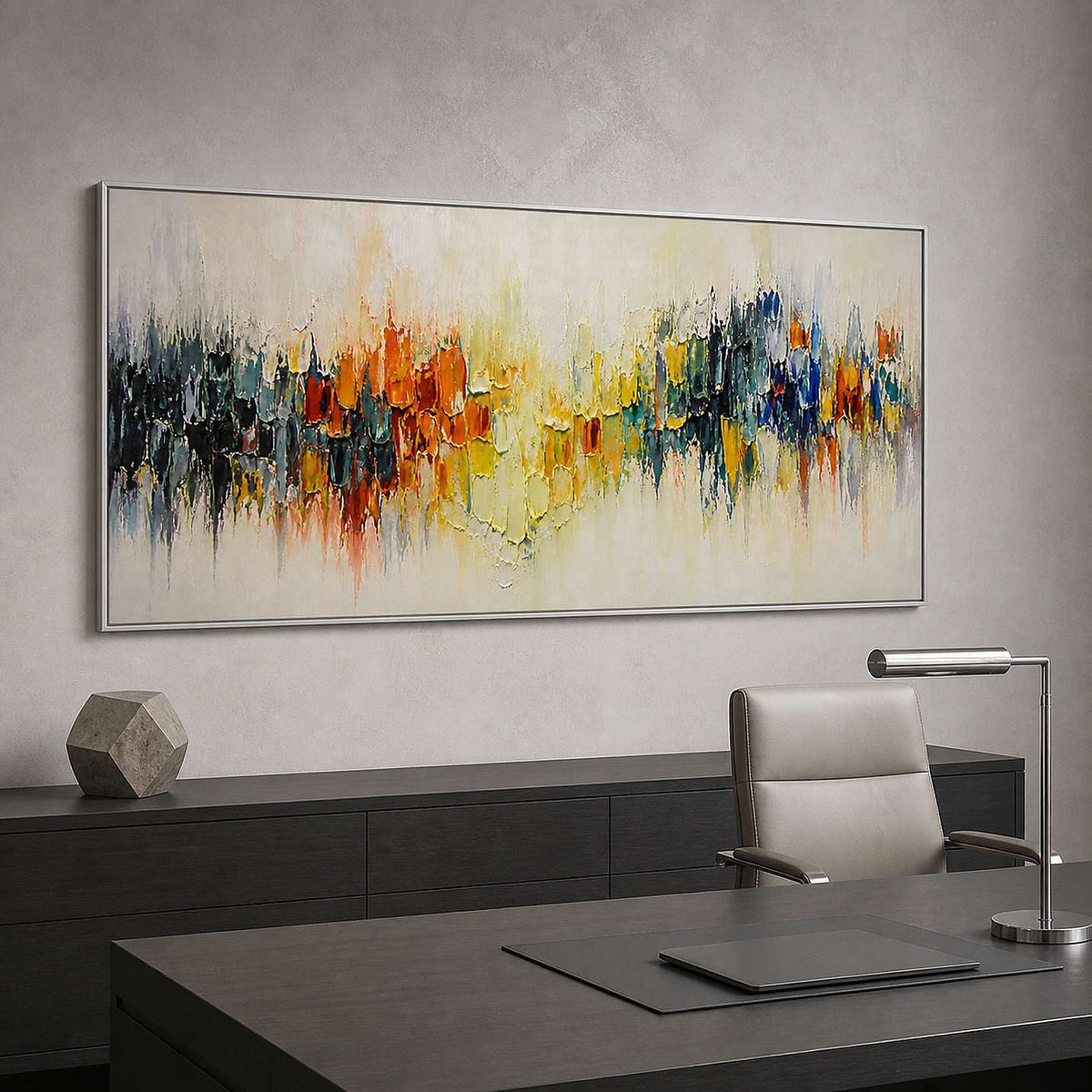 Textured color-band artwork bringing energy to a modern office.
