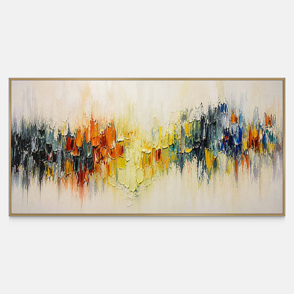 Hand-painted panoramic abstract canvas with vivid color across ivory.