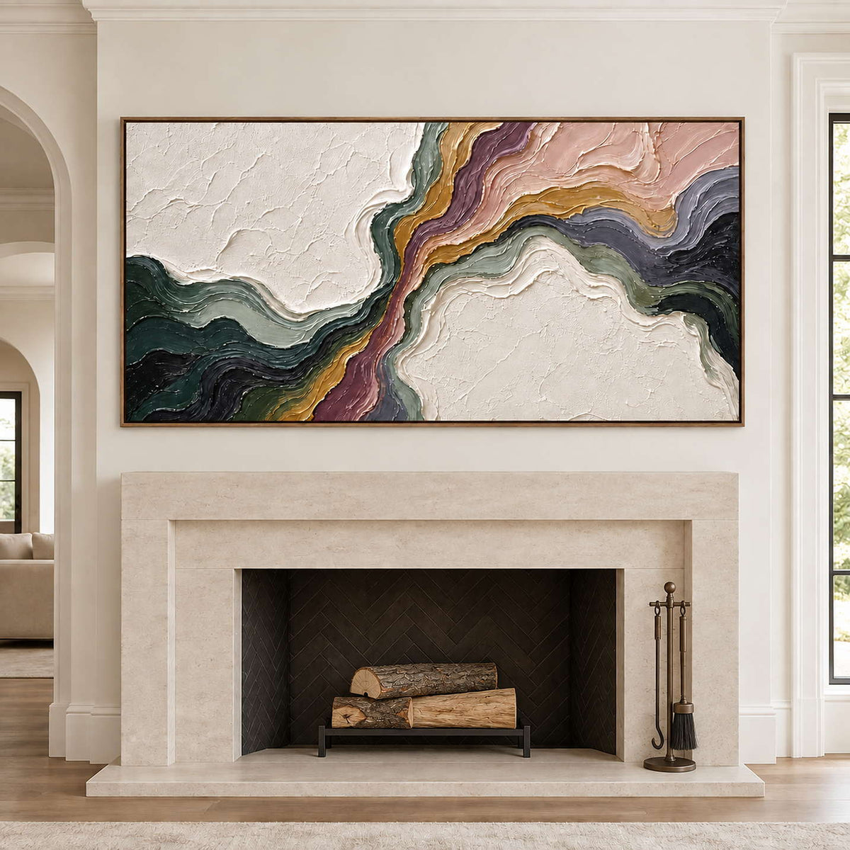 Flowing green, blush, ochre and charcoal bands through white texture in a brown wood frame, displayed above a fireplace.