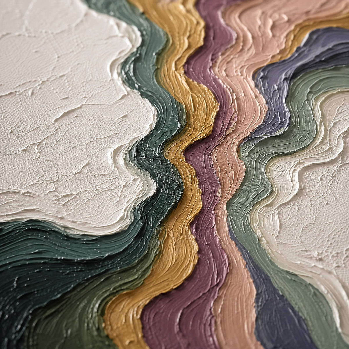 Detail of Color Runs through White, showing the layered multicolored ridges and white surface.