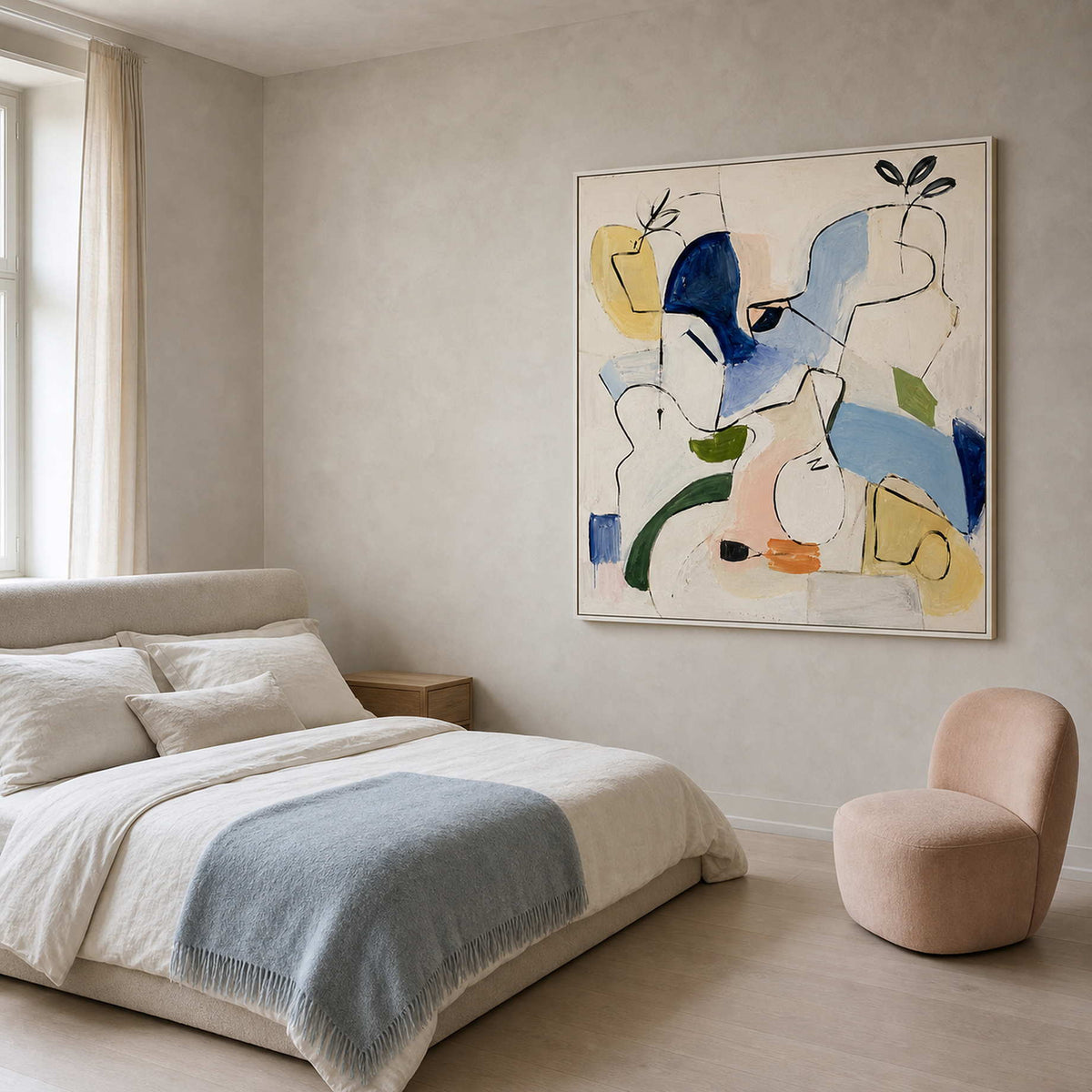 Modern Abstract Wall Art displayed above a calm modern bedroom.