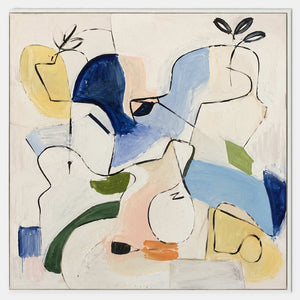 Modern abstract canvas with playful black lines and soft multicolor forms.