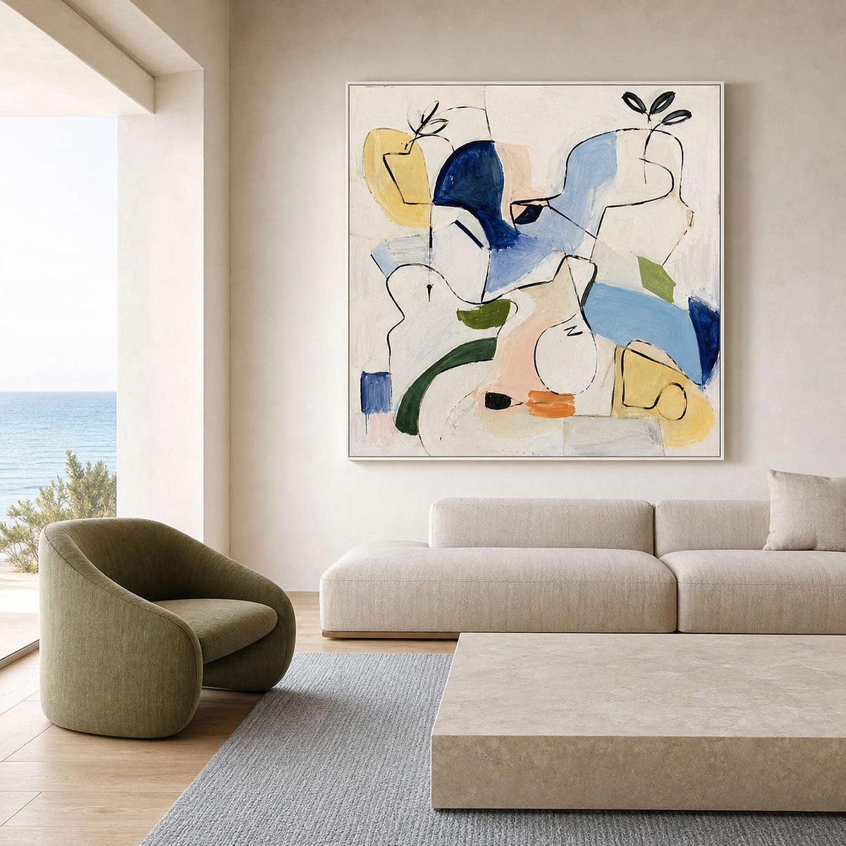Modern Abstract Wall Art styled above a contemporary living room sofa.