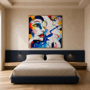 Vibrant square figurative canvas styled in a warm neutral bedroom.