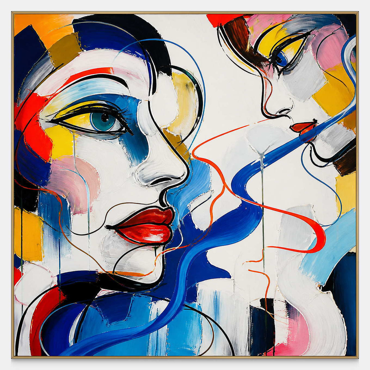 Hand-painted square portrait canvas with expressive faces and vivid color.