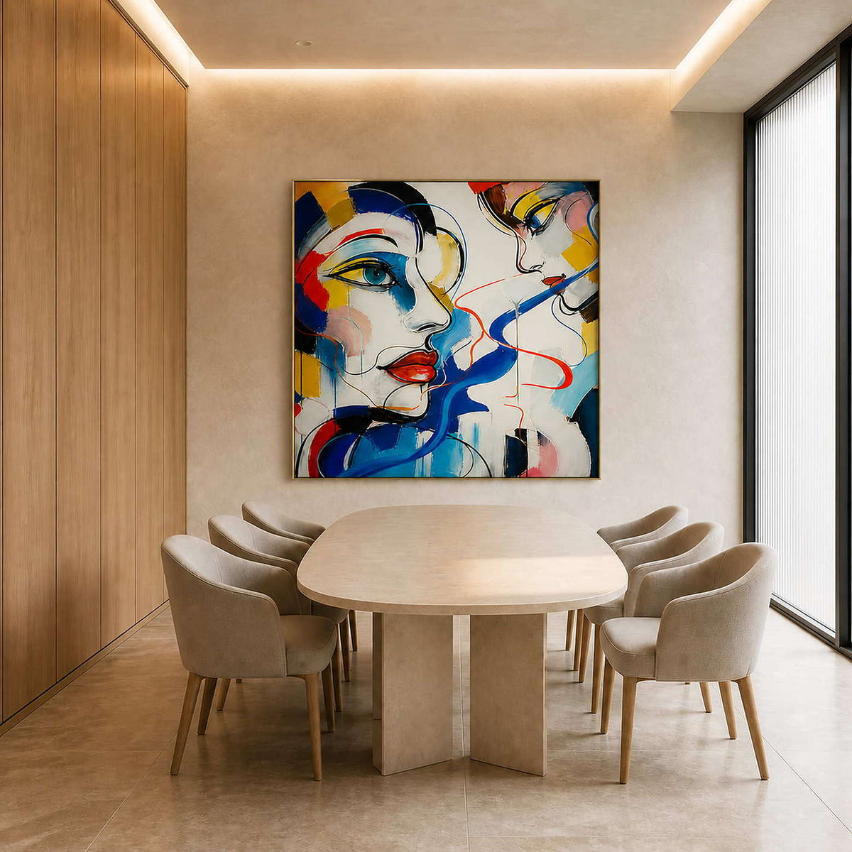 Bold portrait wall art displayed above a pale oak dining table.