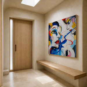 Expressive Pop Art portrait adding color to a minimalist entryway.