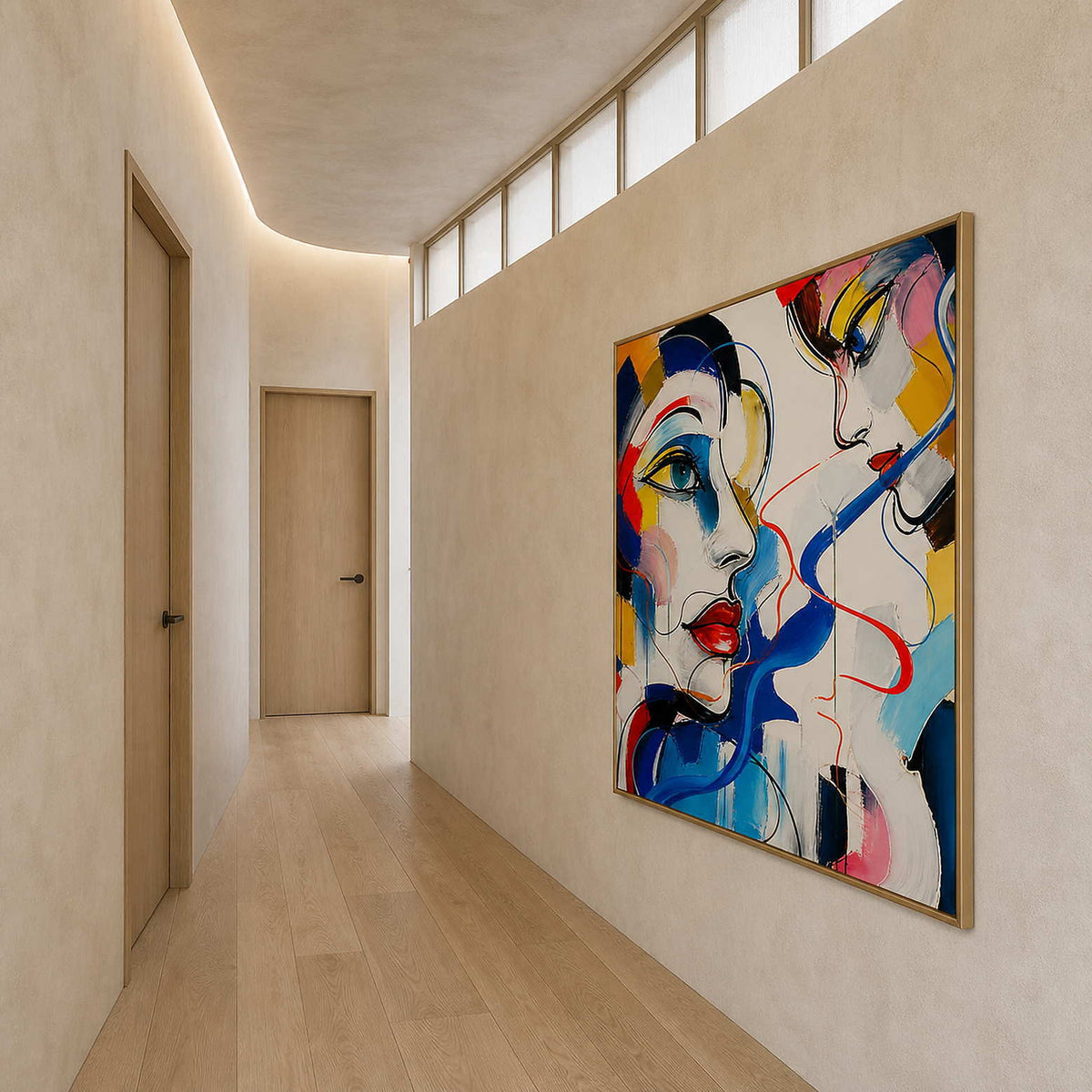 Colorful square portrait canvas viewed along a warm plaster hallway.