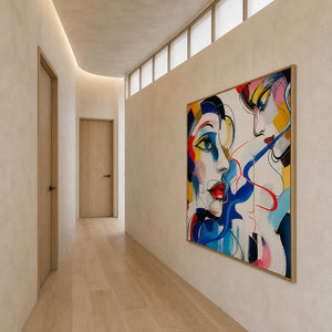 Colorful square portrait canvas viewed along a warm plaster hallway.
