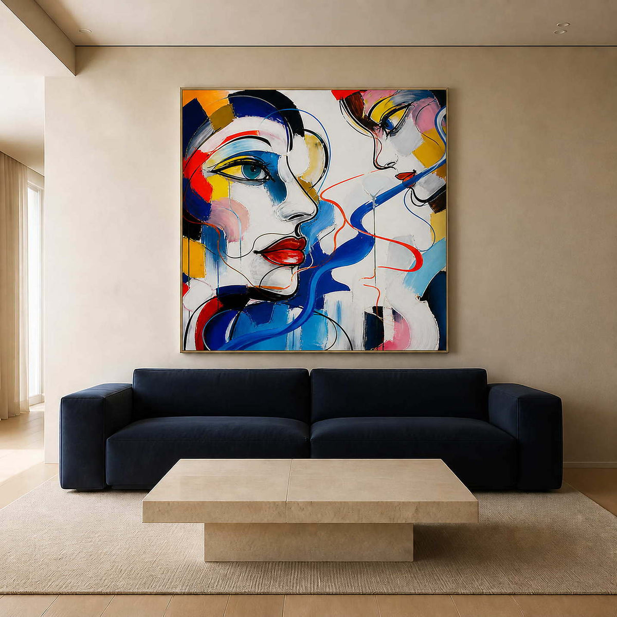 Colorful figurative wall art above a black sofa in a modern living room.