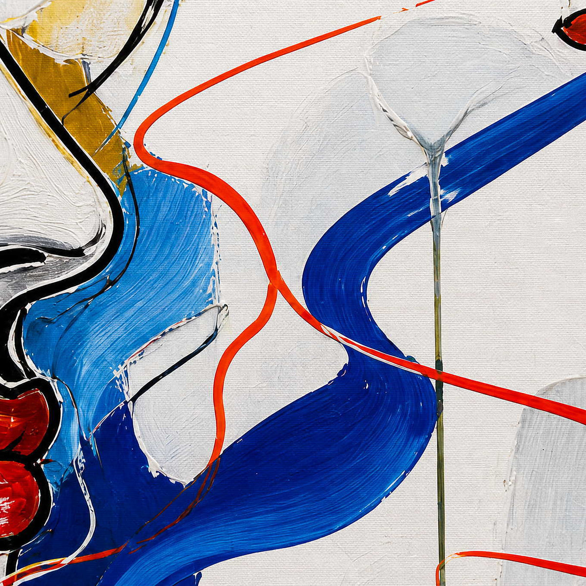 Close-up of vivid blue strokes, red contours, and painted texture.