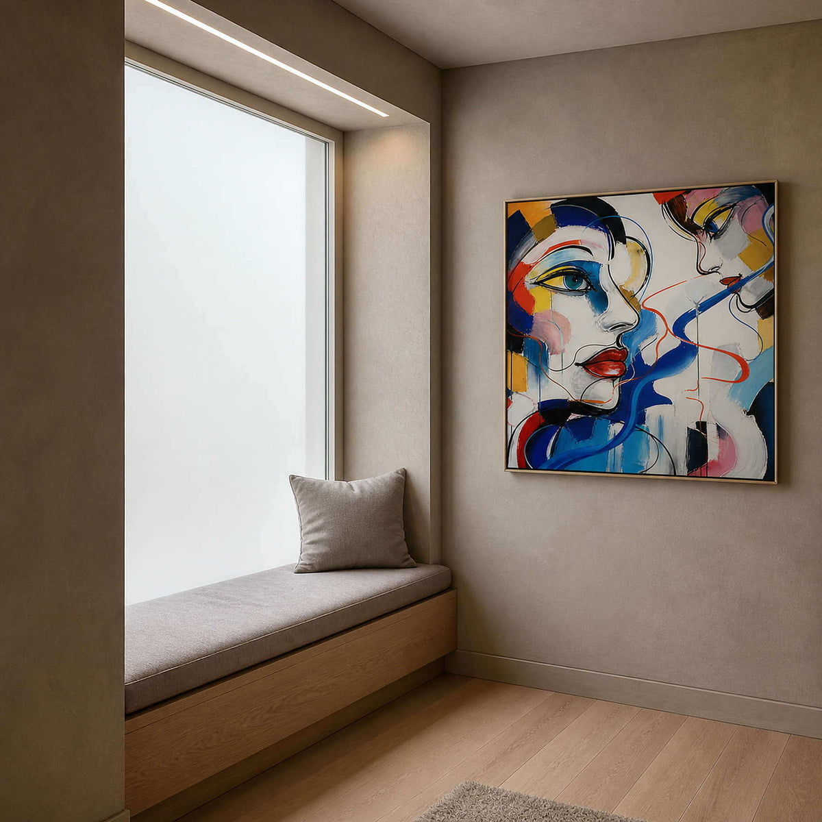 Modern face painting brightening a quiet contemporary window nook.