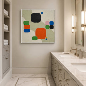 Color Squares Gather on Stone in a white-framed dry bathroom