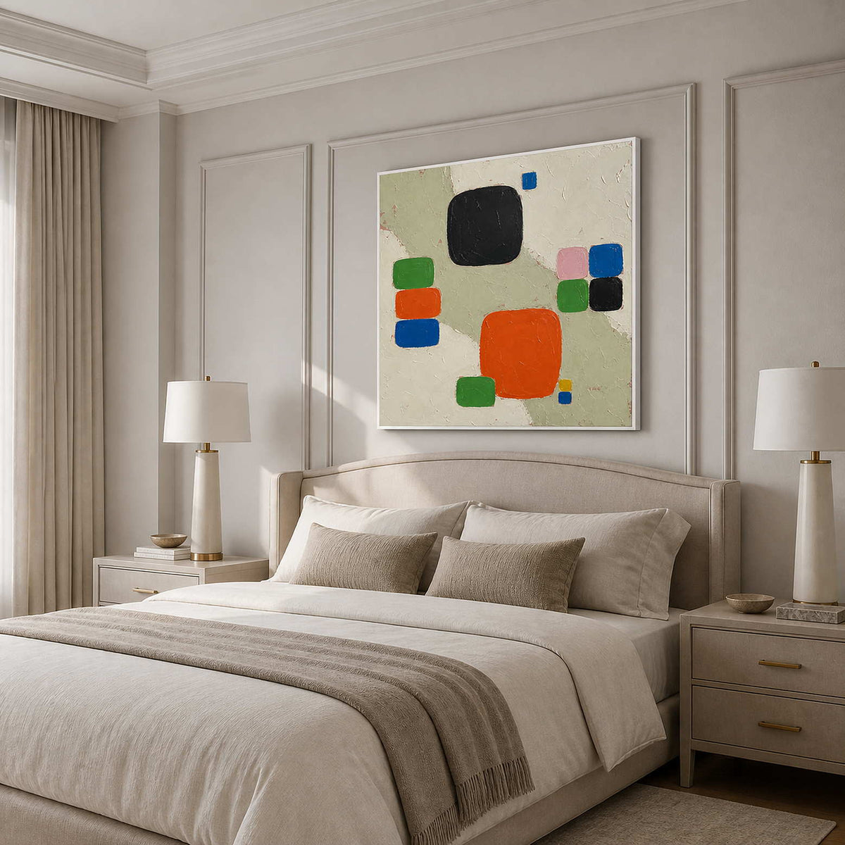 Color Squares Gather on Stone in a white-framed bedroom