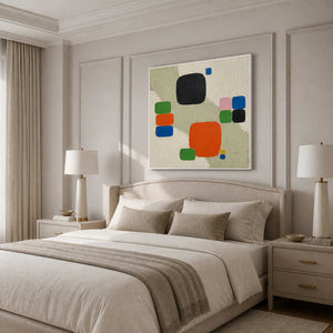 Color Squares Gather on Stone in a white-framed bedroom