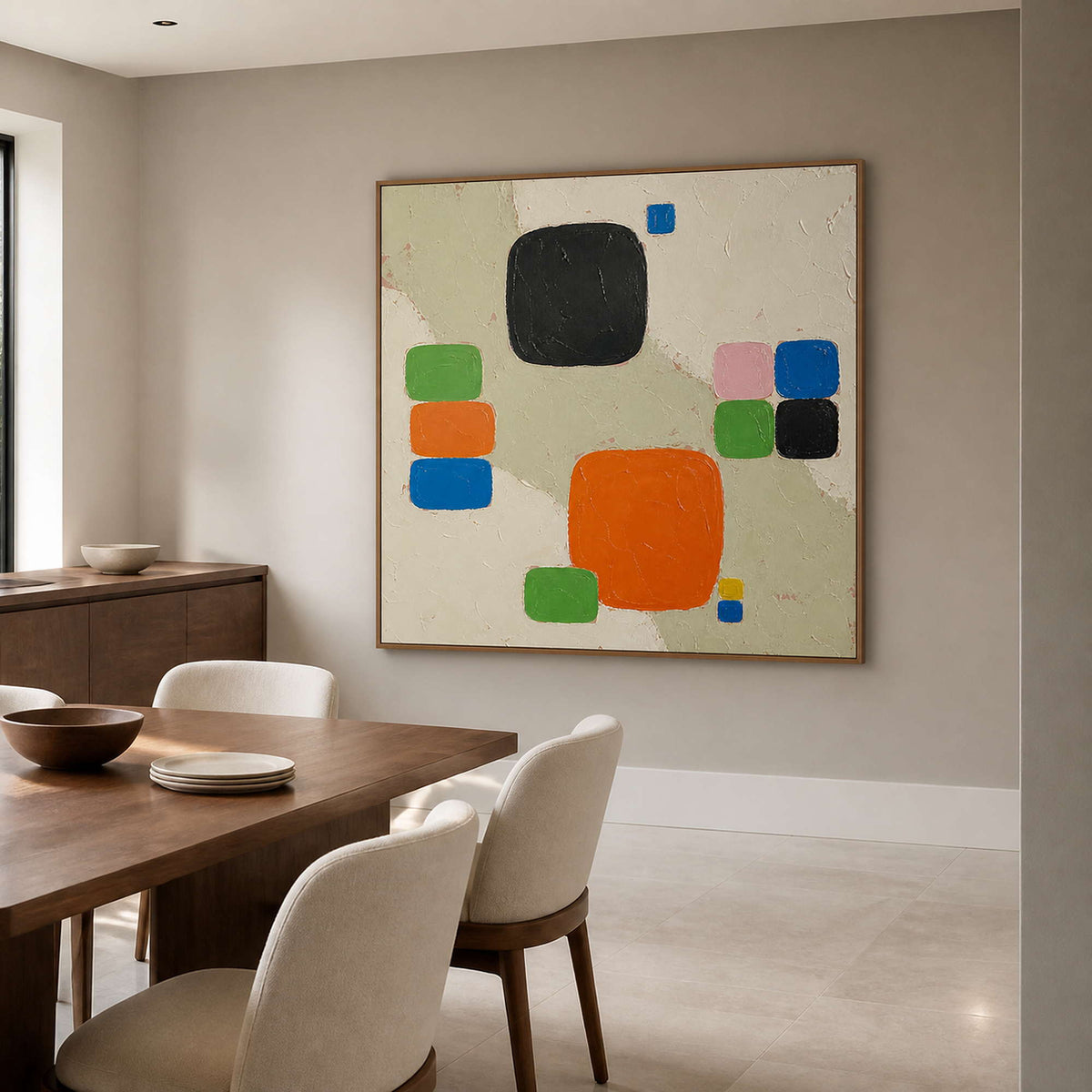 Color Squares Gather on Stone in a wood-framed dining room