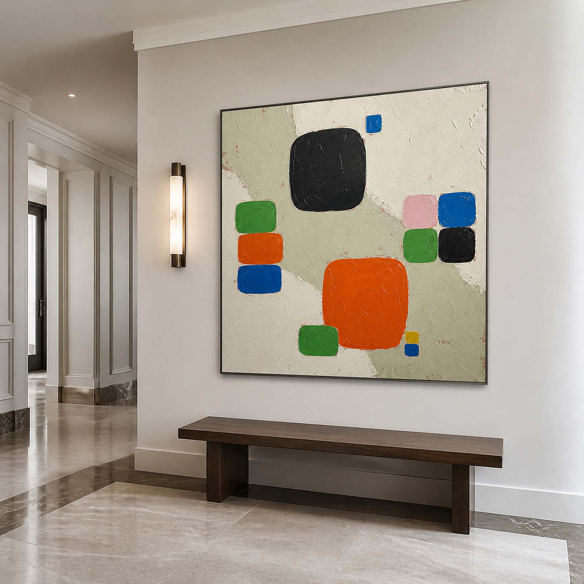Color Squares Gather on Stone in a black-framed entryway