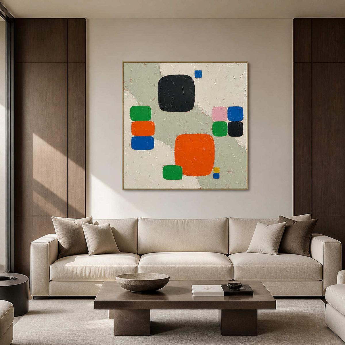 Color Squares Gather on Stone in a modern living room