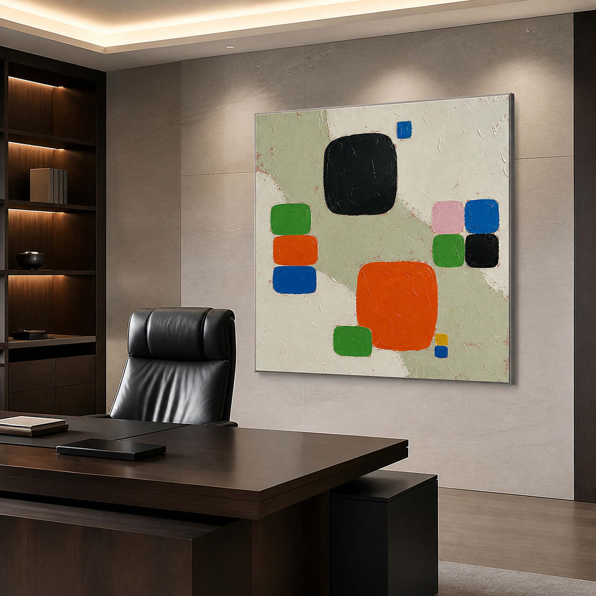 Color Squares Gather on Stone in a silver-framed executive office