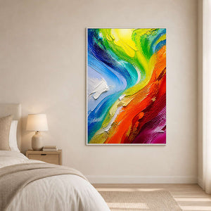 Colorful textured wall art adding lively movement to a serene bedroom.