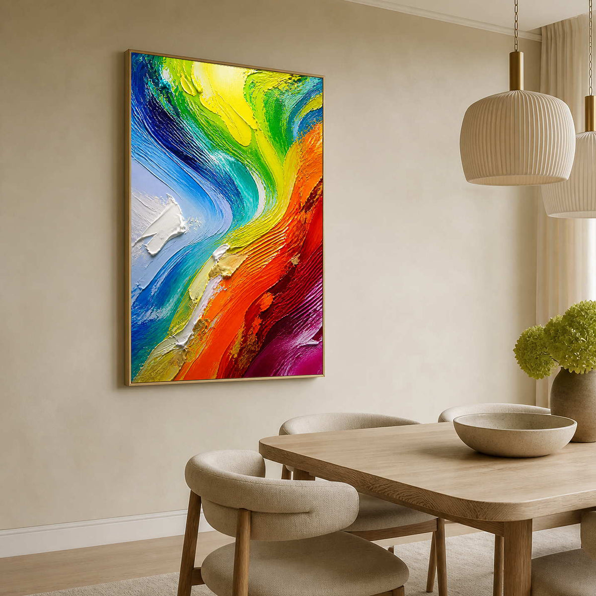 Vibrant vertical abstract wall art displayed beside a light wood dining table.