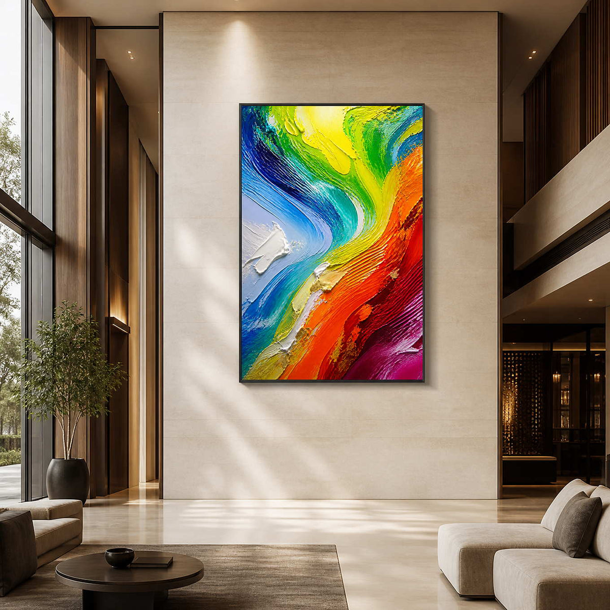 Bold multicolor abstract wall art displayed in a tall contemporary hotel lobby.