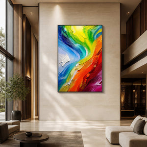 Bold multicolor abstract wall art displayed in a tall contemporary hotel lobby.
