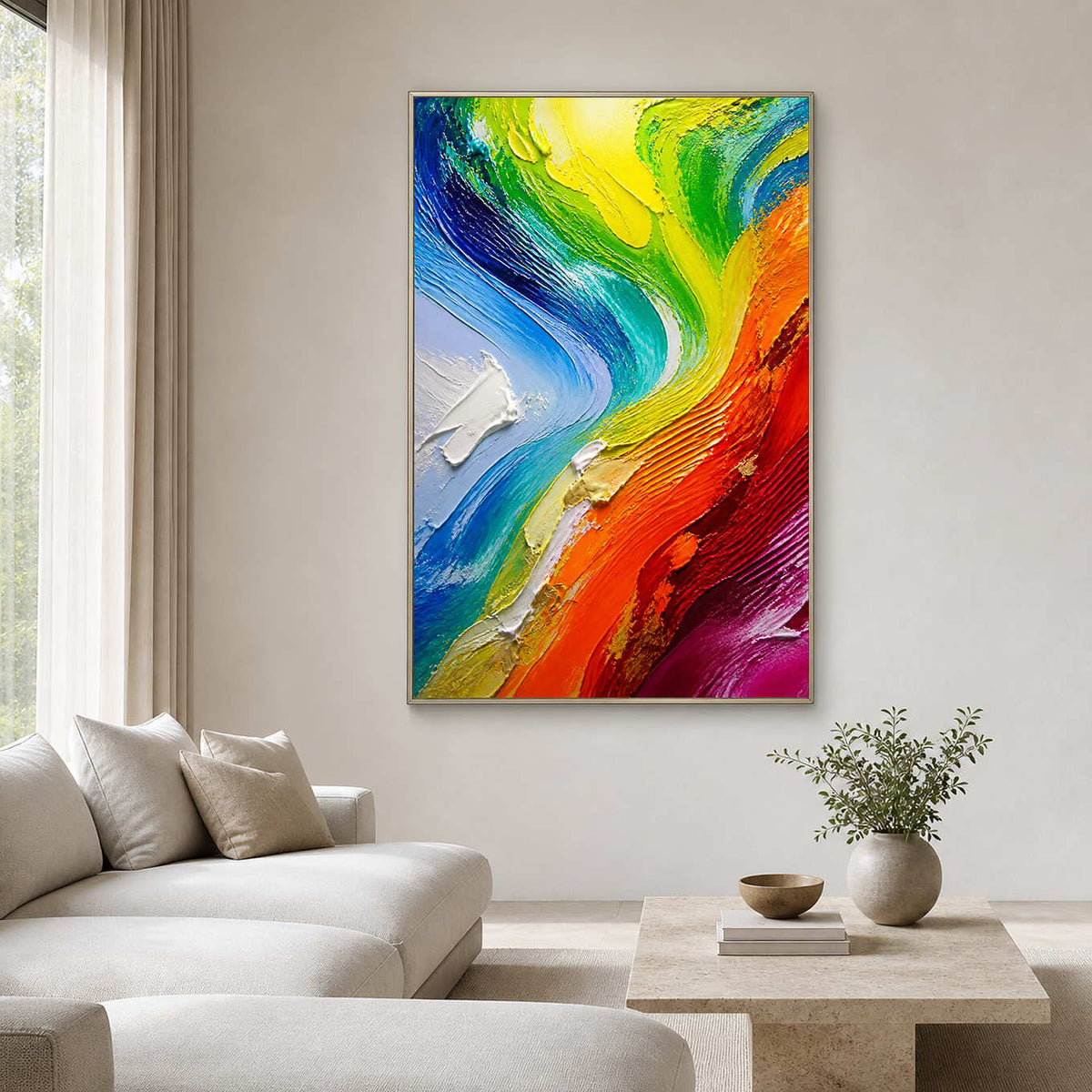 Colorful textured abstract wall art displayed in a bright neutral living room.