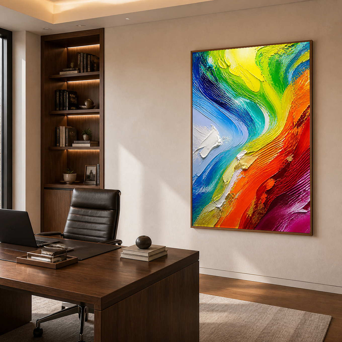 Vertical rainbow abstract wall art displayed in a warm executive office.