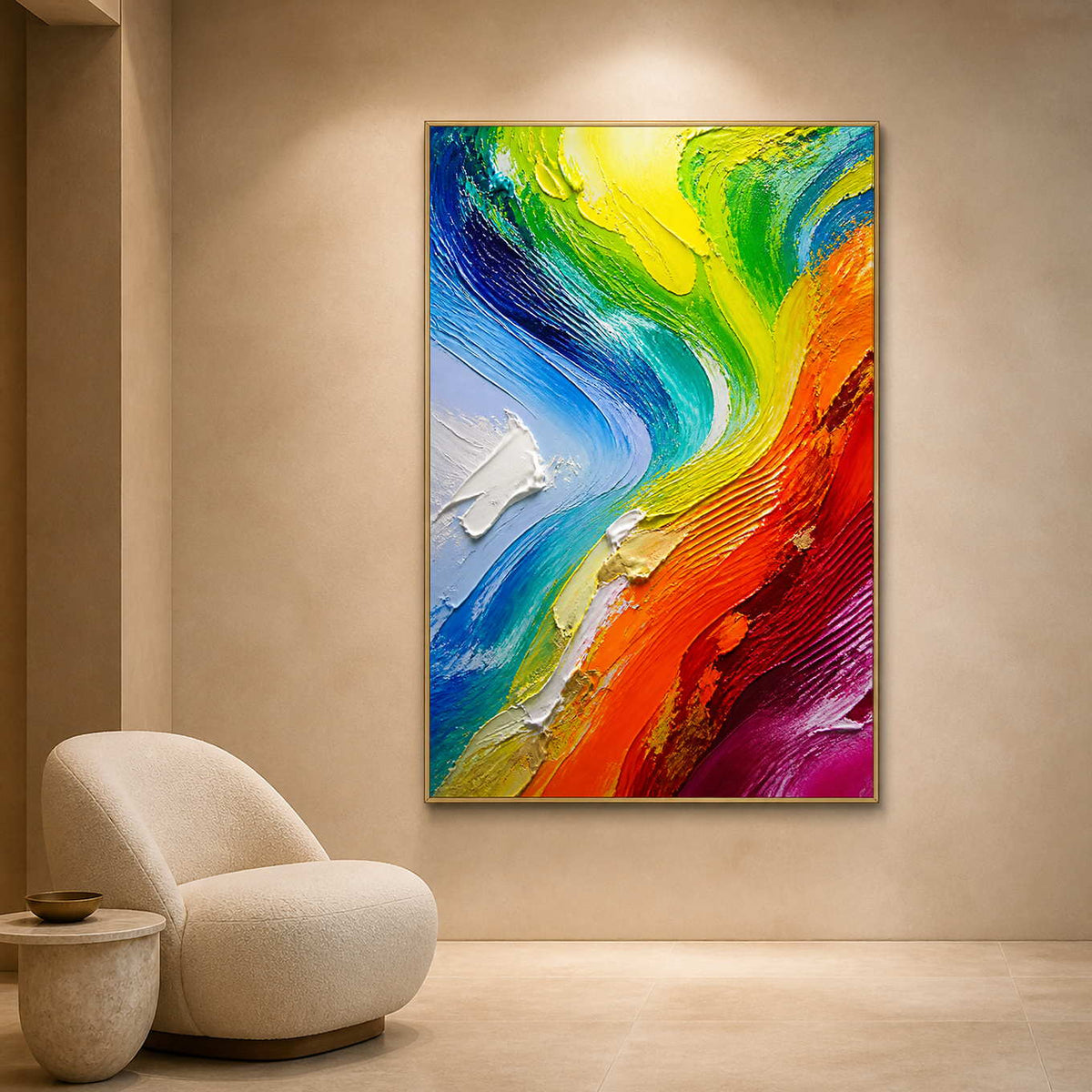 Vivid modern abstract wall art displayed in a quiet private gallery lounge.