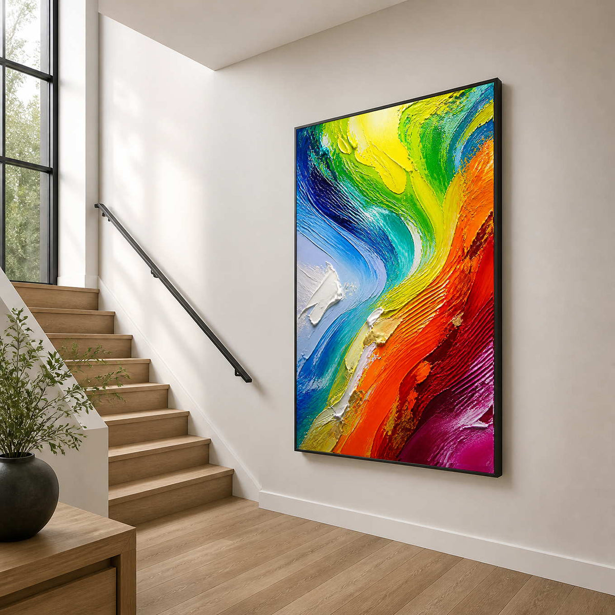 Colorful textured wall art creating a dramatic focal point on a stair landing.