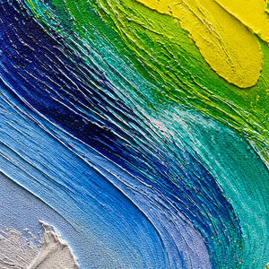 Close-up of deeply ridged blue, turquoise, green, and yellow impasto.