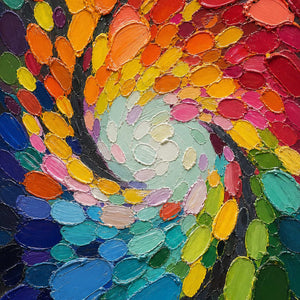 Close-up of raised hand-painted texture in multicolor, warm tones, and blue.