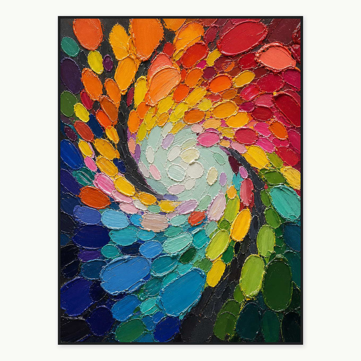 Hand-painted textured abstract wall art in multicolor, warm tones, and blue.