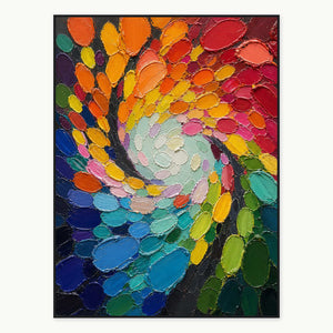 Hand-painted textured abstract wall art in multicolor, warm tones, and blue.