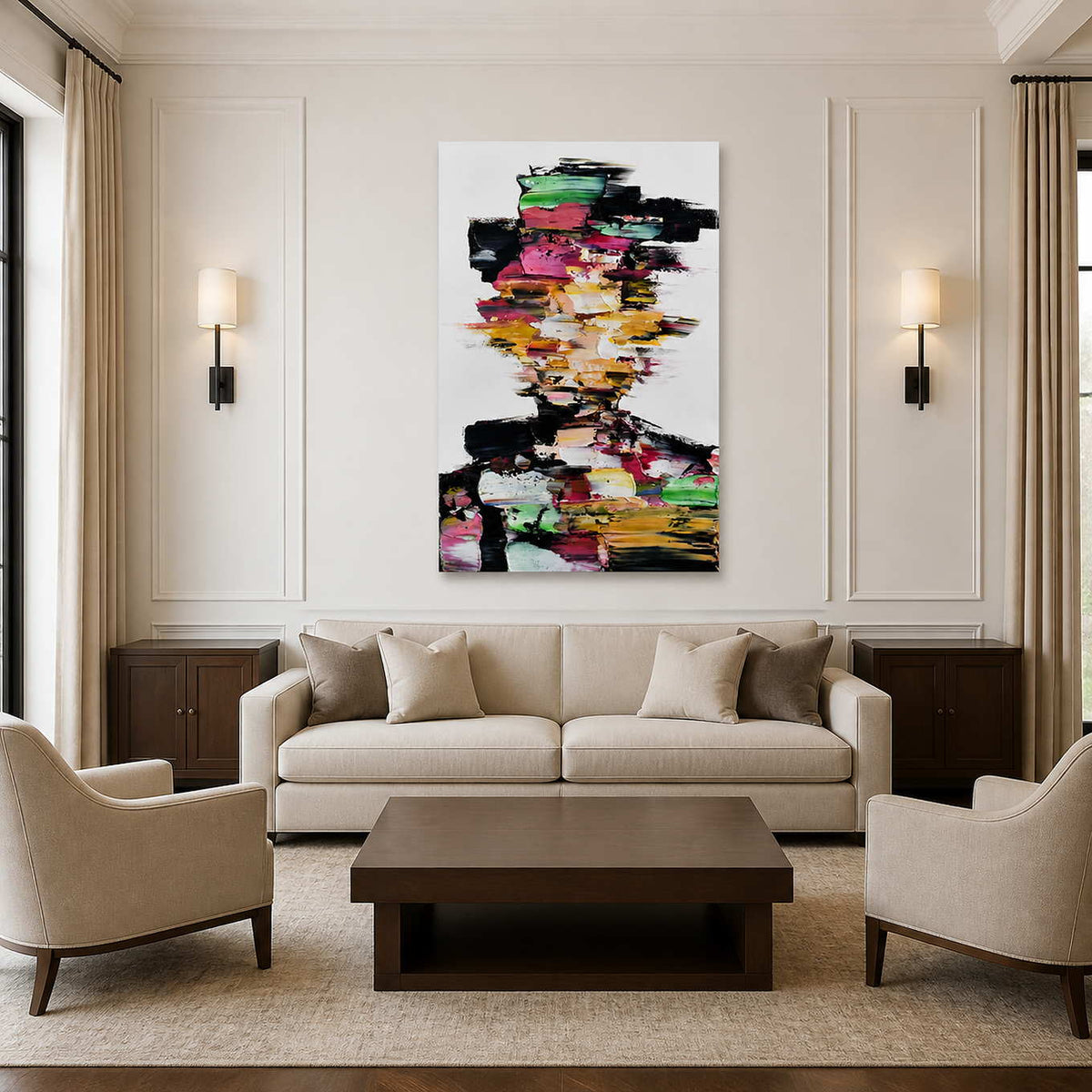 Frameless multicolored portrait above a cream sofa between wall sconces in a neutral living room.