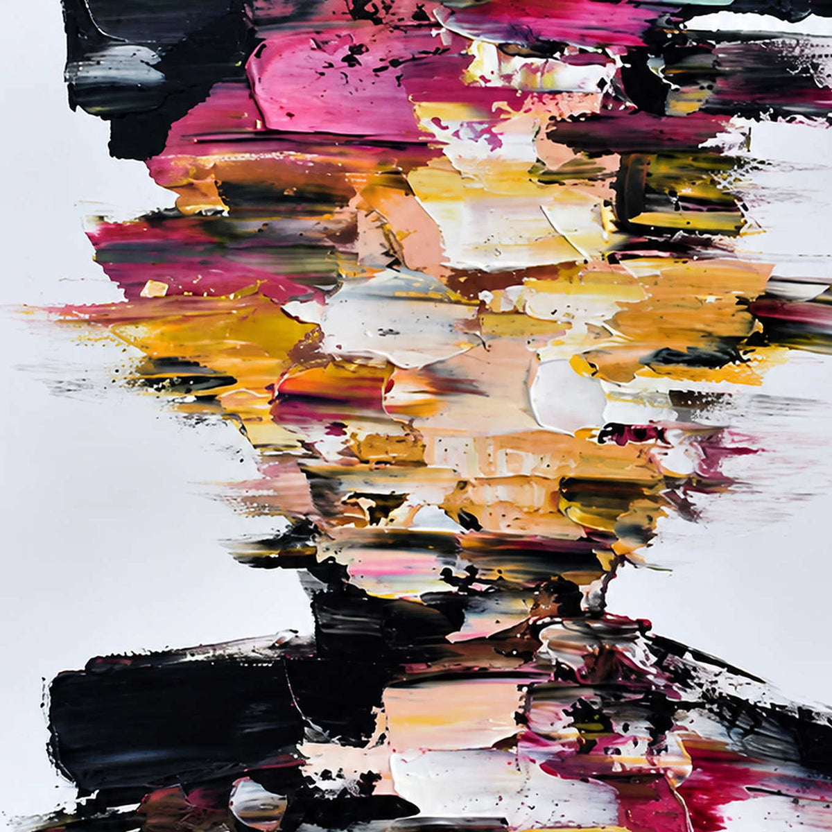 Close detail of a face interrupted by thick pink, yellow, white, and black paint strokes.