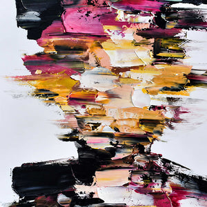 Close detail of a face interrupted by thick pink, yellow, white, and black paint strokes.
