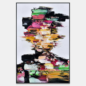 A face emerges through layered pink, green, yellow, black, and white horizontal paint strokes.