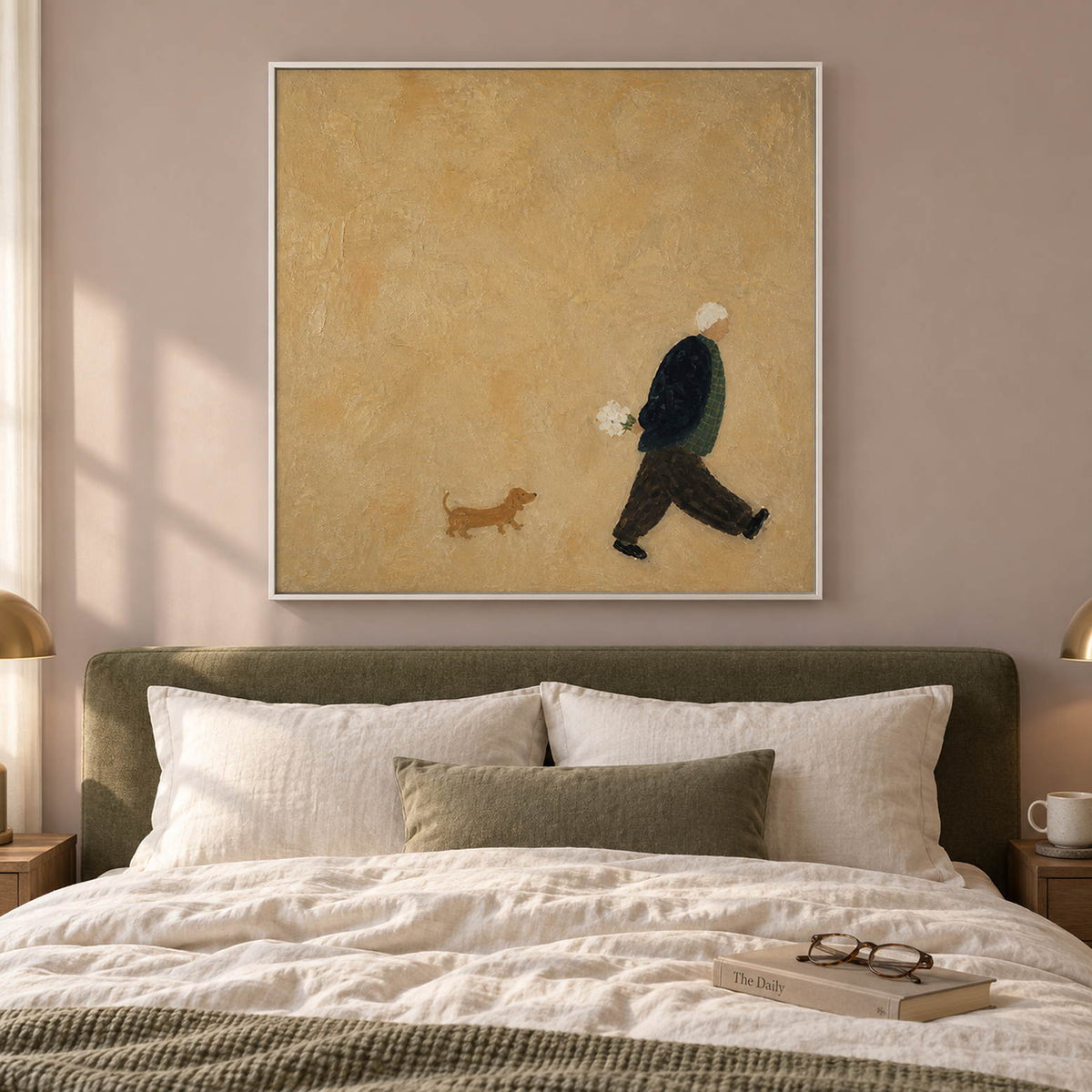 Ochre painting of a flower-carrying walker and a small brown dog in a white frame in a bedroom.
