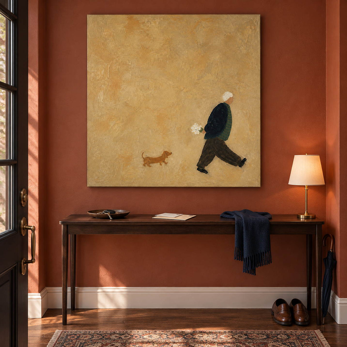 Ochre painting of a flower-carrying walker and a small brown dog without an outer frame in an entryway.