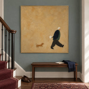 Ochre painting of a flower-carrying walker and a small brown dog in a gold frame on a stair landing.