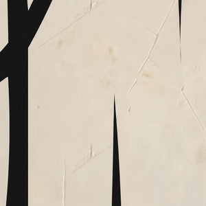 Close view of subtle cream paint ridges beside smooth black curves and sharply tapered openings.