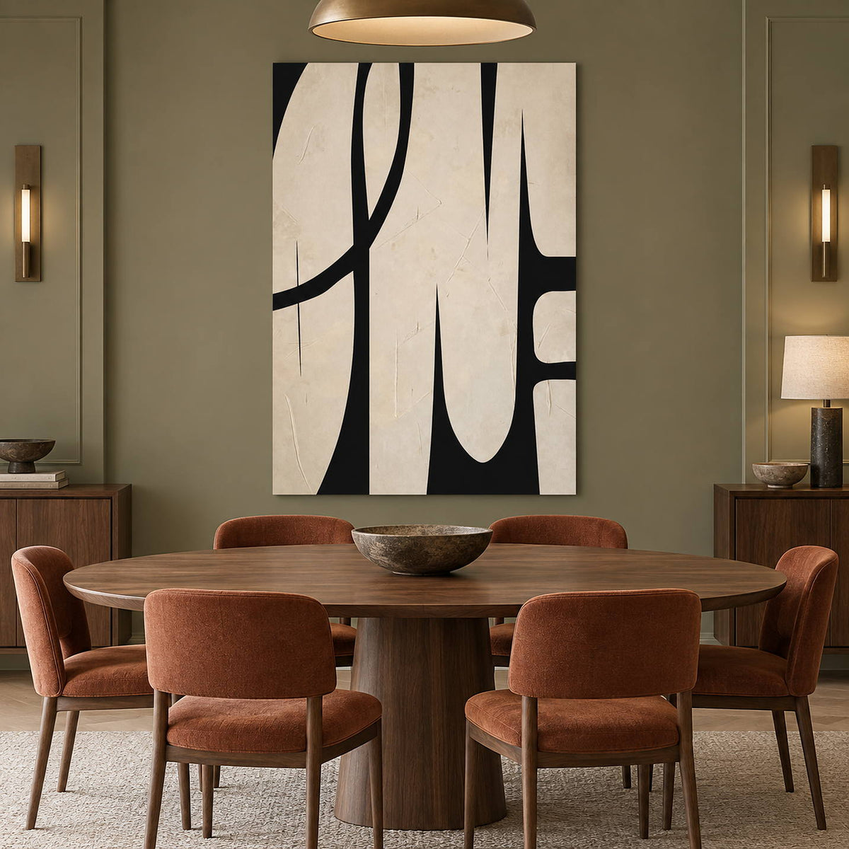 Cream and black abstract painting with elongated forms and a sweeping arc without an outer frame in a dining room.