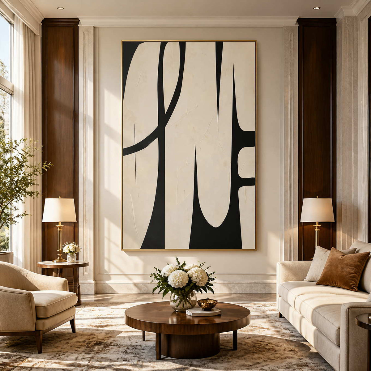 Gold framed cream and black curved artwork above lounge seating in a sunlit hotel lobby.
