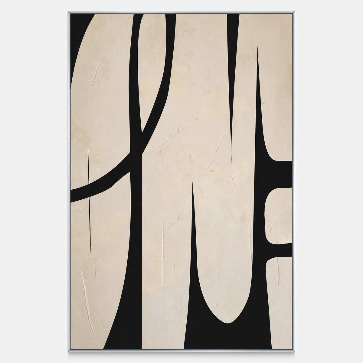 Long cream forms rise through black space with a sweeping arc and subtle surface ridges.