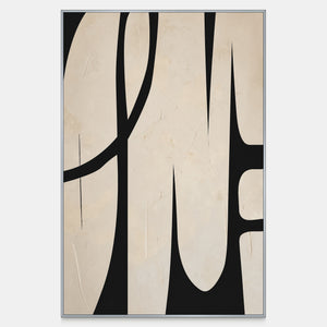 Long cream forms rise through black space with a sweeping arc and subtle surface ridges.