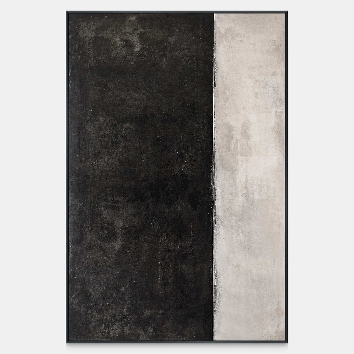 Company through the Long Night, a vertical abstract painting with a mottled charcoal field and a narrow off-white strip on the right.